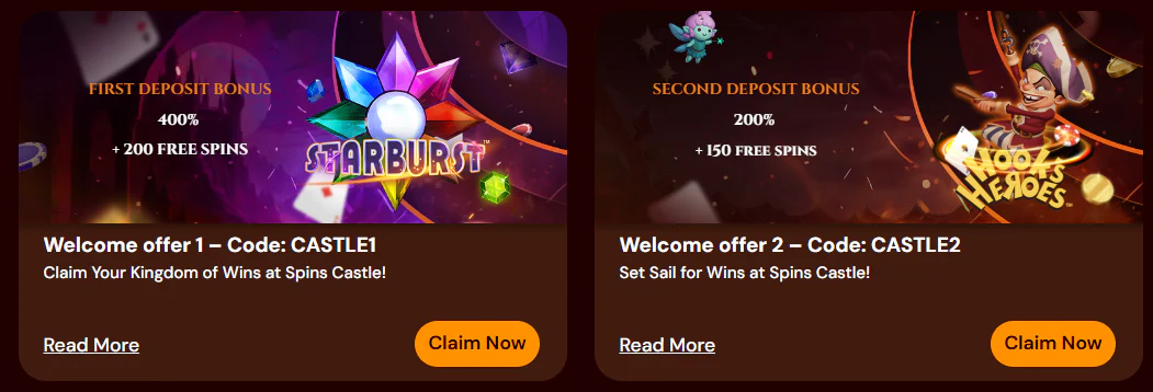 SpinCastle welcome rewards for new casino and sports players